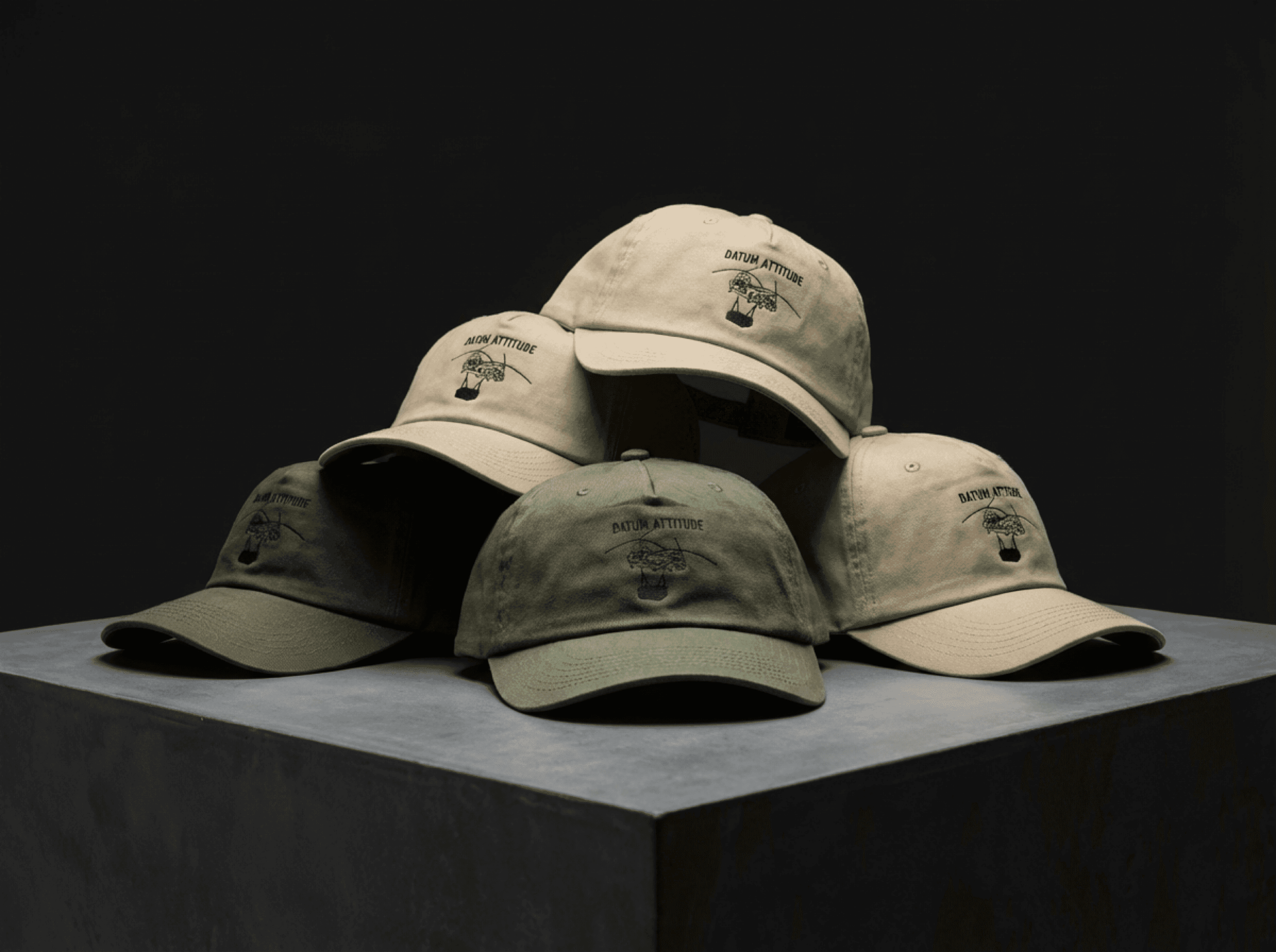 Stacked branded caps