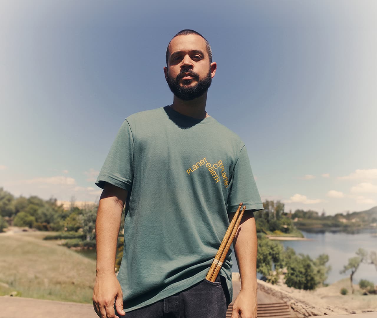 Model wearing custom printed garment